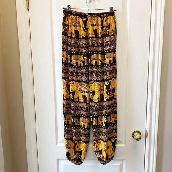 Balloon Leg Flowy Draped Harem Pants Joggers Black Gold Elephant Print Size XS/S - Picture 6 of 16